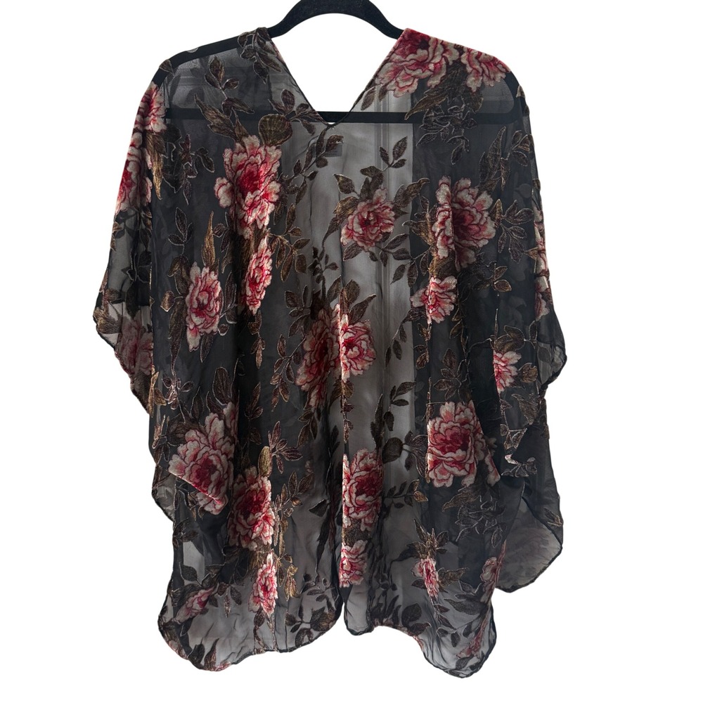 Lulla Collection by Bindiya Floral Burnout Kimono Wrap Black Red Sheer